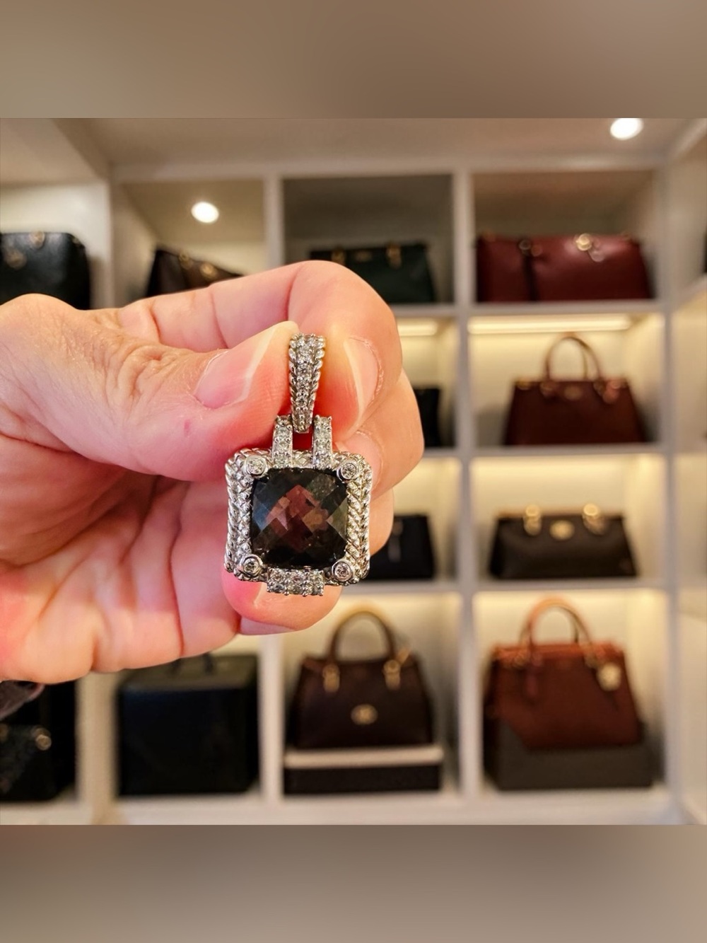 Judith Ripka RARE Luxury Designer Couture Authentic Silver Smoky Quartz Pendant